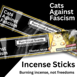 Hand-rolled Purr-litical Scents incense sticks with Cats Against Fascism design, aromatherapy relaxation scent, anti-racism and anti-fascist merchandise from Wokerati Party.