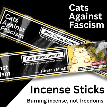 Hand-rolled Purr-litical Scents incense sticks with Cats Against Fascism design, aromatherapy relaxation scent, anti-racism and anti-fascist merchandise from Wokerati Party.