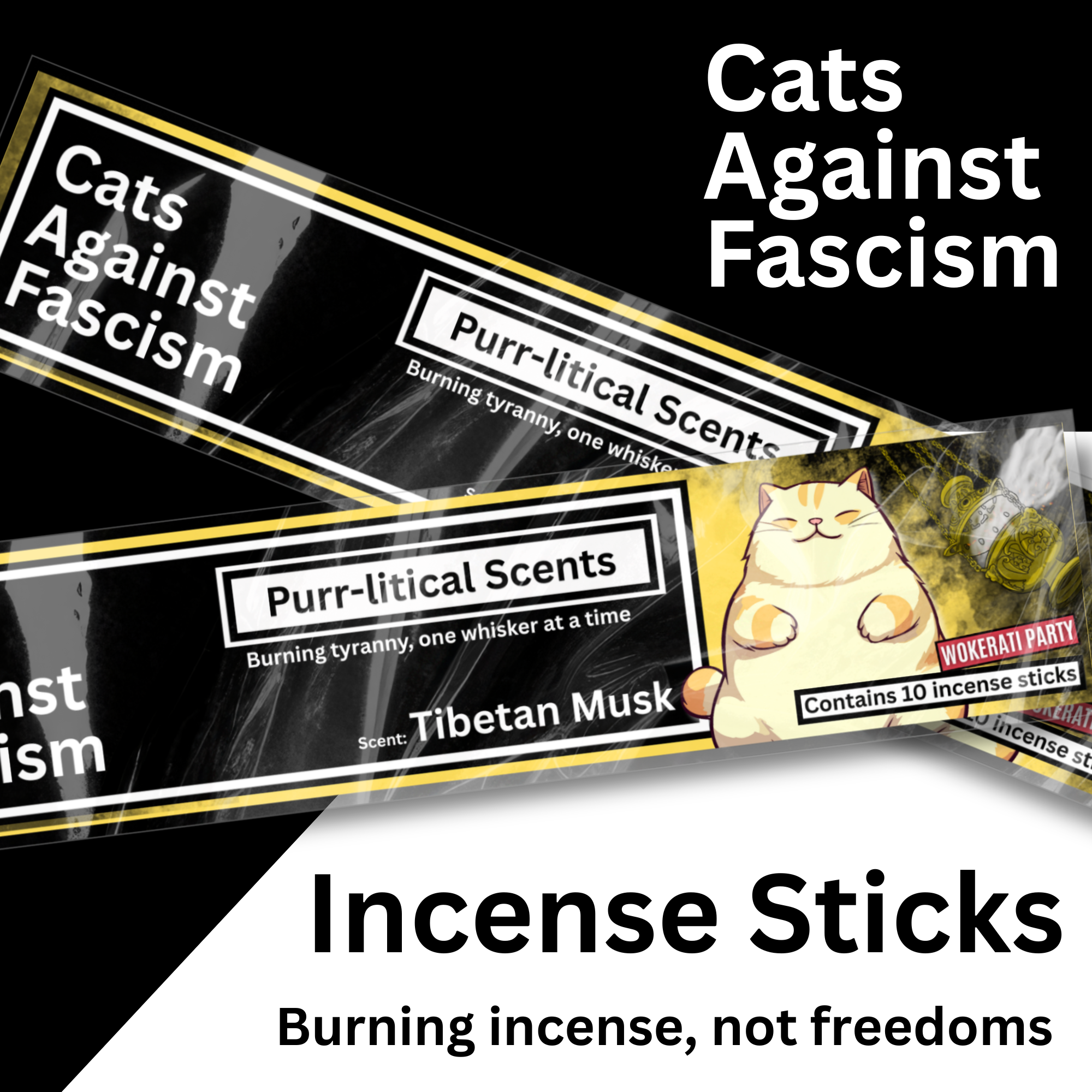 Hand-rolled Purr-litical Scents incense sticks with Cats Against Fascism design, aromatherapy relaxation scent, anti-racism and anti-fascist merchandise from Wokerati Party. Hand-rolled Purr-litical Scents incense sticks with Cats Against Fascism design, aromatherapy relaxation scent, anti-racism and anti-fascist merchandise from Wokerati Party.