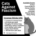 Hand-rolled Purr-litical Scents incense sticks with Cats Against Fascism design, aromatherapy relaxation scent, anti-racism and anti-fascist merchandise from Wokerati Party., Information details