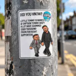 Far Right Grifters Vinyl Sticker showing caricatures of Tommy Robinson and Danny Tommo walking hand in hand, Rotten Reformers range Description: Main product image for the Far Right Grifters Vinyl Sticker from the Wokerati Party Rotten Reformers anti Reform UK collection. A satirical sticker with a "Did you know?" design featuring Little Tommy 10 Names and Captain Tommo Grift.