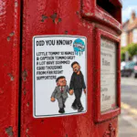 Far Right Grifters Vinyl Sticker showing caricatures of Tommy Robinson and Danny Tommo walking hand in hand, Rotten Reformers range Description: Main product image for the Far Right Grifters Vinyl Sticker from the Wokerati Party Rotten Reformers anti Reform UK collection. A satirical sticker with a "Did you know?" design featuring Little Tommy 10 Names and Captain Tommo Grift.