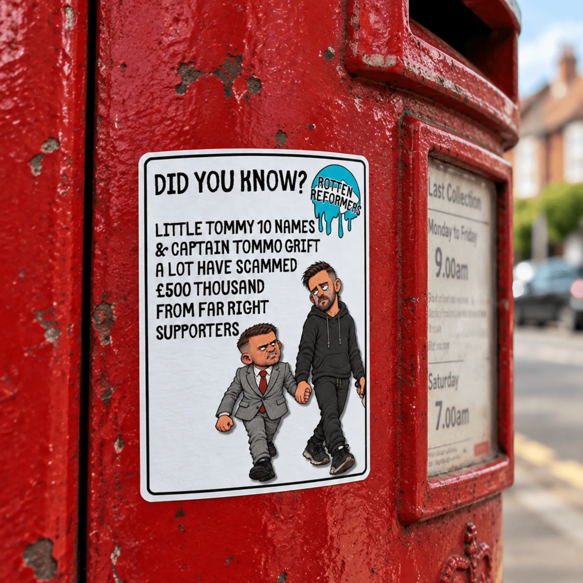 Far Right Grifters Vinyl Sticker showing caricatures of Tommy Robinson and Danny Tommo walking hand in hand, Rotten Reformers range Description: Main product image for the Far Right Grifters Vinyl Sticker from the Wokerati Party Rotten Reformers anti Reform UK collection. A satirical sticker with a "Did you know?" design featuring Little Tommy 10 Names and Captain Tommo Grift.