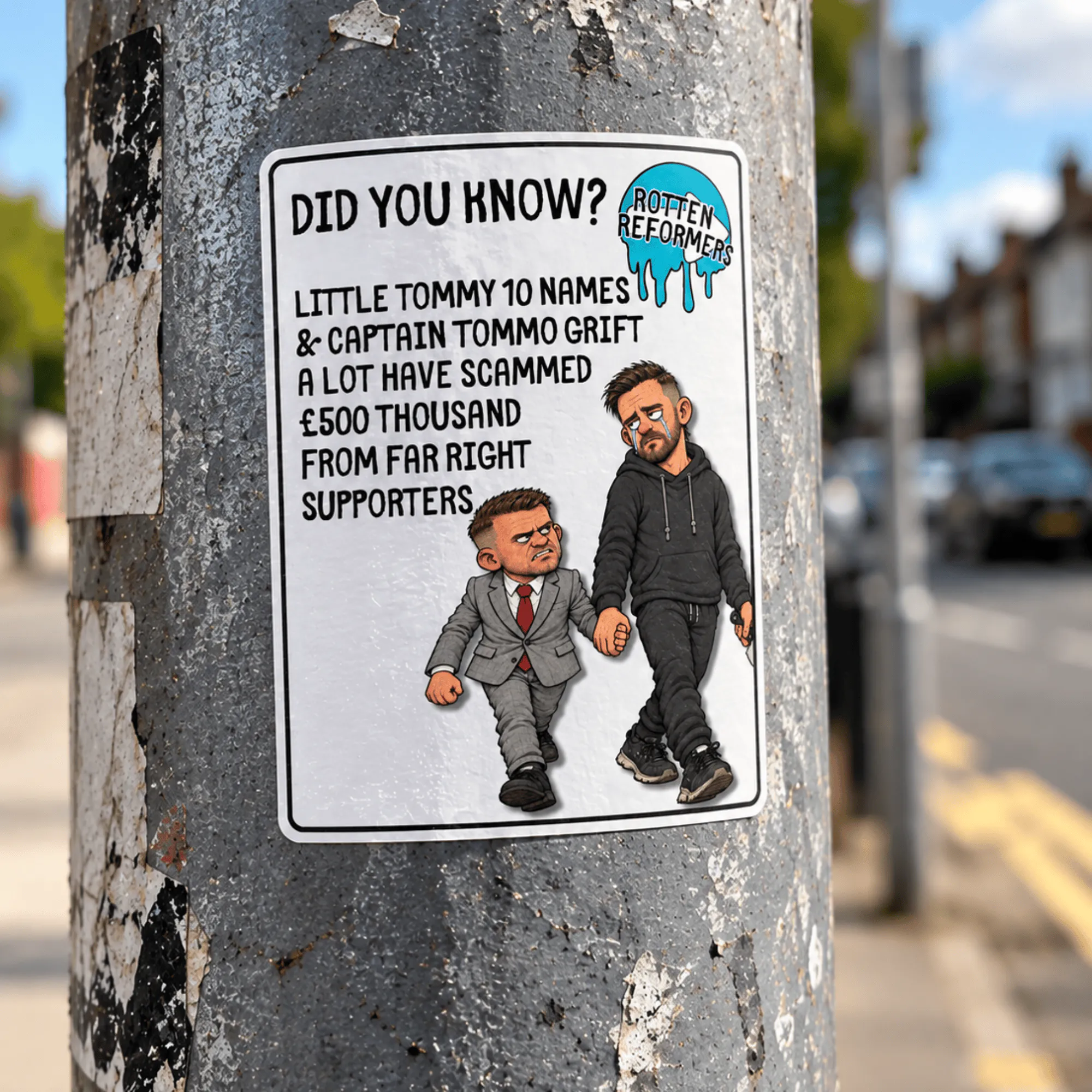 Far Right Grifters Vinyl Sticker showing caricatures of Tommy Robinson and Danny Tommo walking hand in hand, Rotten Reformers range Description: Main product image for the Far Right Grifters Vinyl Sticker from the Wokerati Party Rotten Reformers anti Reform UK collection. A satirical sticker with a "Did you know?" design featuring Little Tommy 10 Names and Captain Tommo Grift.