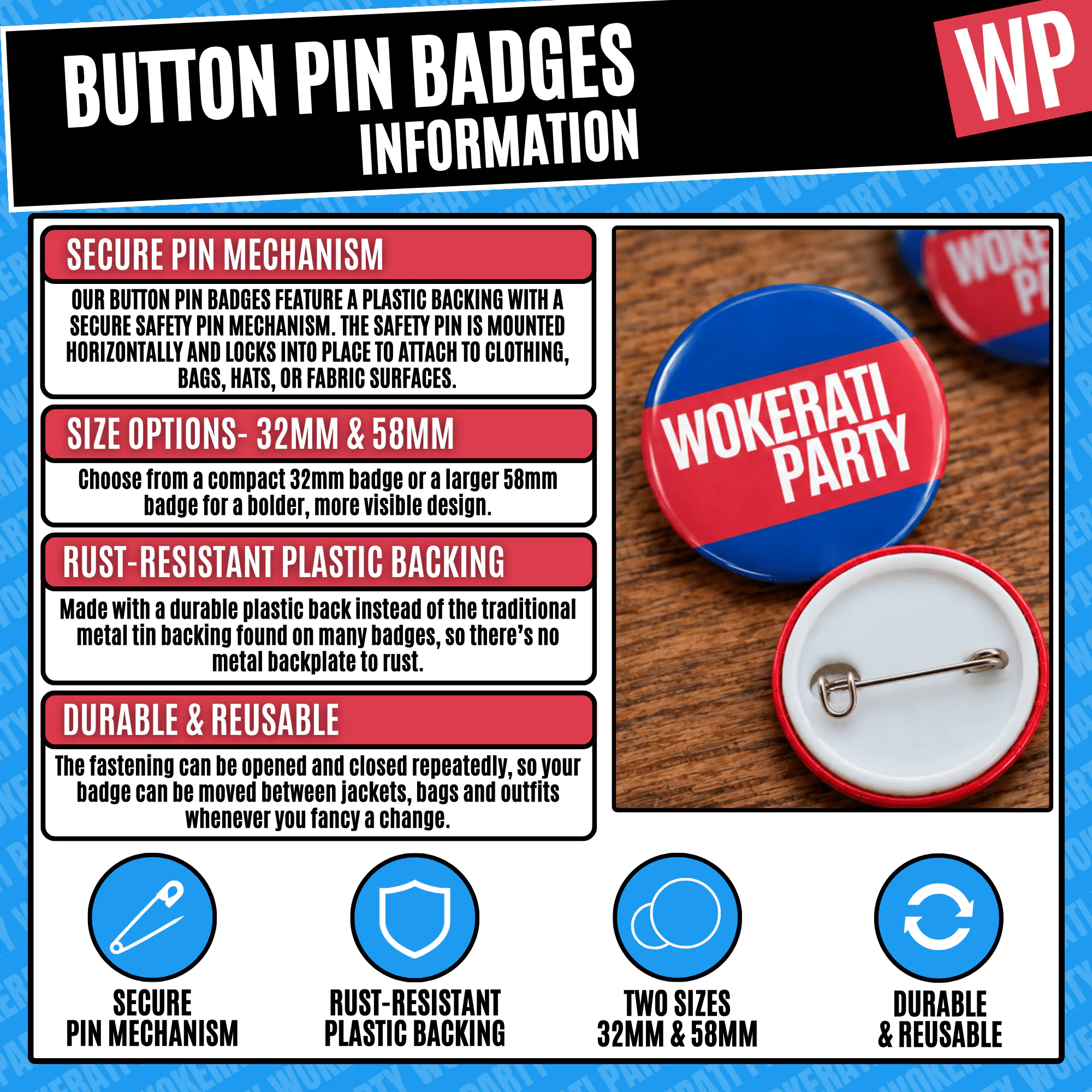Wokerati Party Button Pin Badge Information