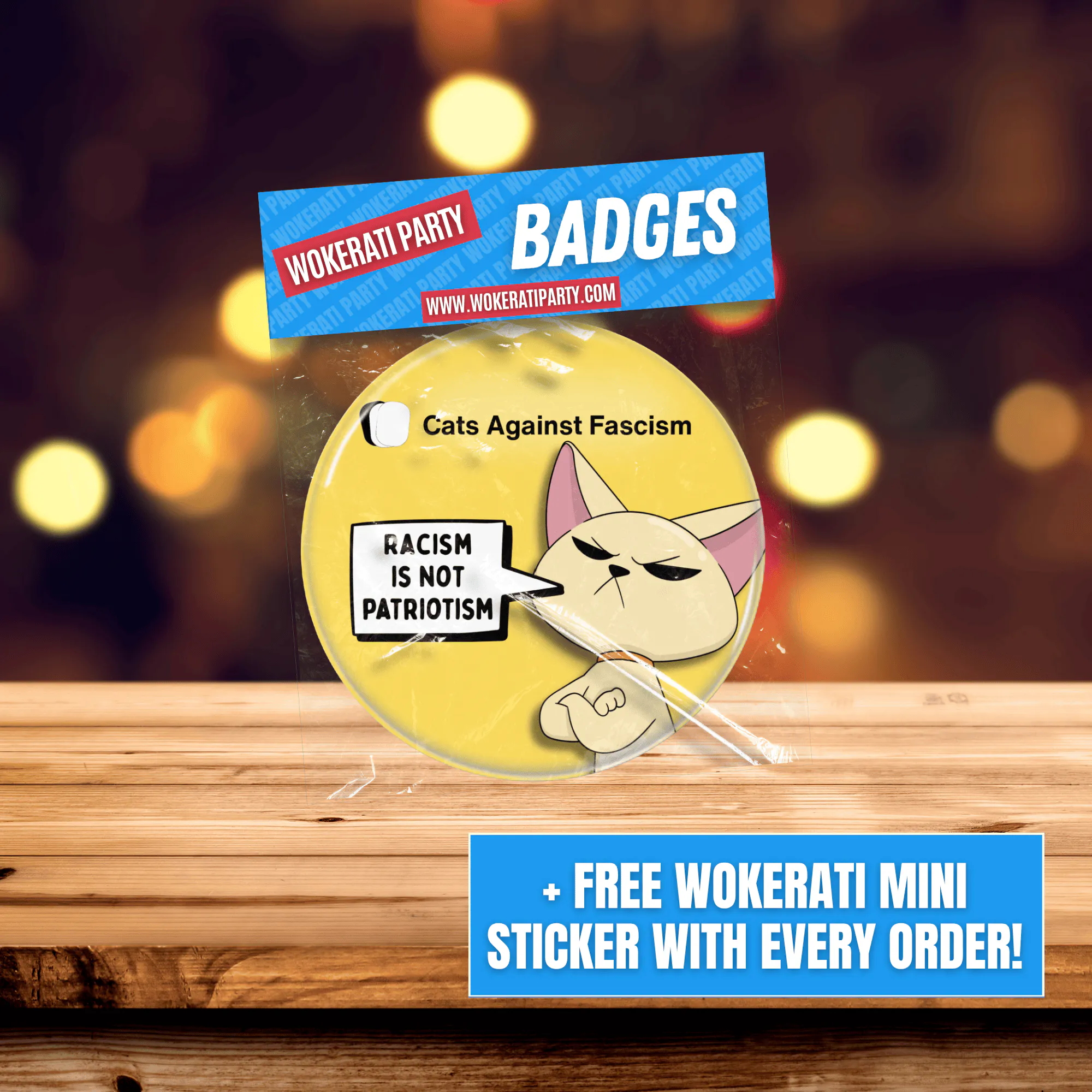 Cats Against Fascism- Racism is not Patriotism Button Pin Badge, UK Political Merch, Yellow Badge with angry cat saying "Racism is not Patriotism" with Cats Against Fascism Text and Logo above Mock up of packaging