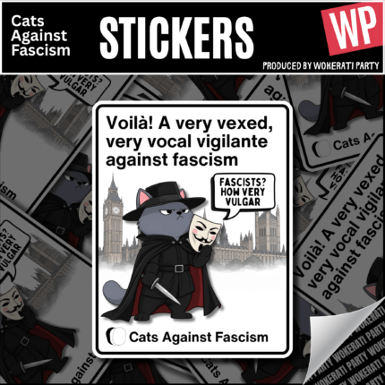 Guy Fawkes Cat Vinyl Sticker – Cats Against Fascism Vigilante cat sticker – grey cat in black hat and cloak holding a Guy Fawkes mask in front of Parliament