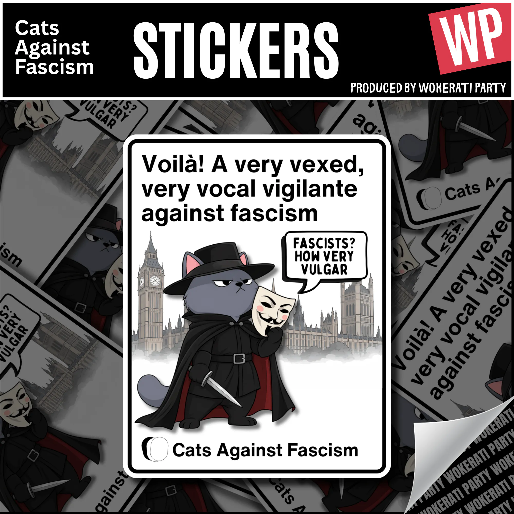 WP_Sticker_CAF_Guy Fawkes main Guy Fawkes Cat Vinyl Sticker – Cats Against Fascism Vigilante cat sticker – grey cat in black hat and cloak holding a Guy Fawkes mask in front of Parliament