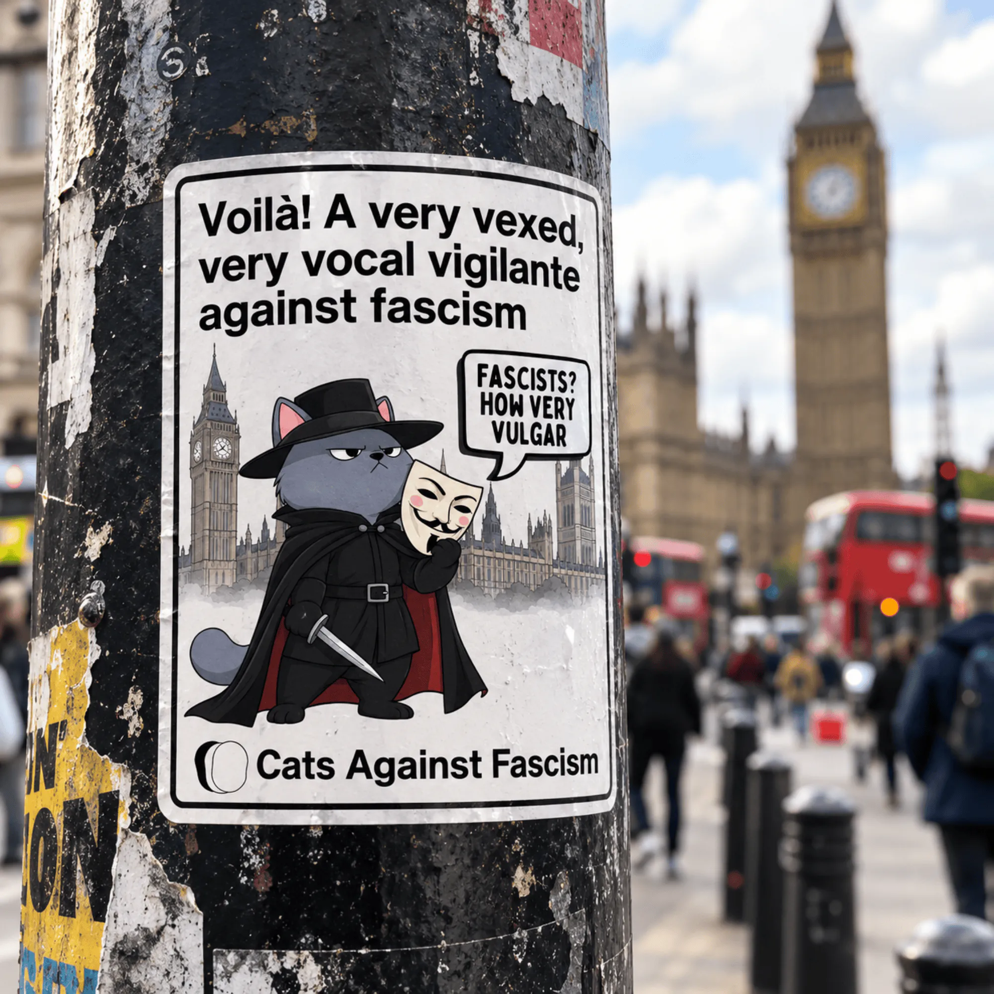 Guy Fawkes Cat Vinyl Sticker – Cats Against Fascism Vigilante cat sticker – grey cat in black hat and cloak holding a Guy Fawkes mask in front of Parliament