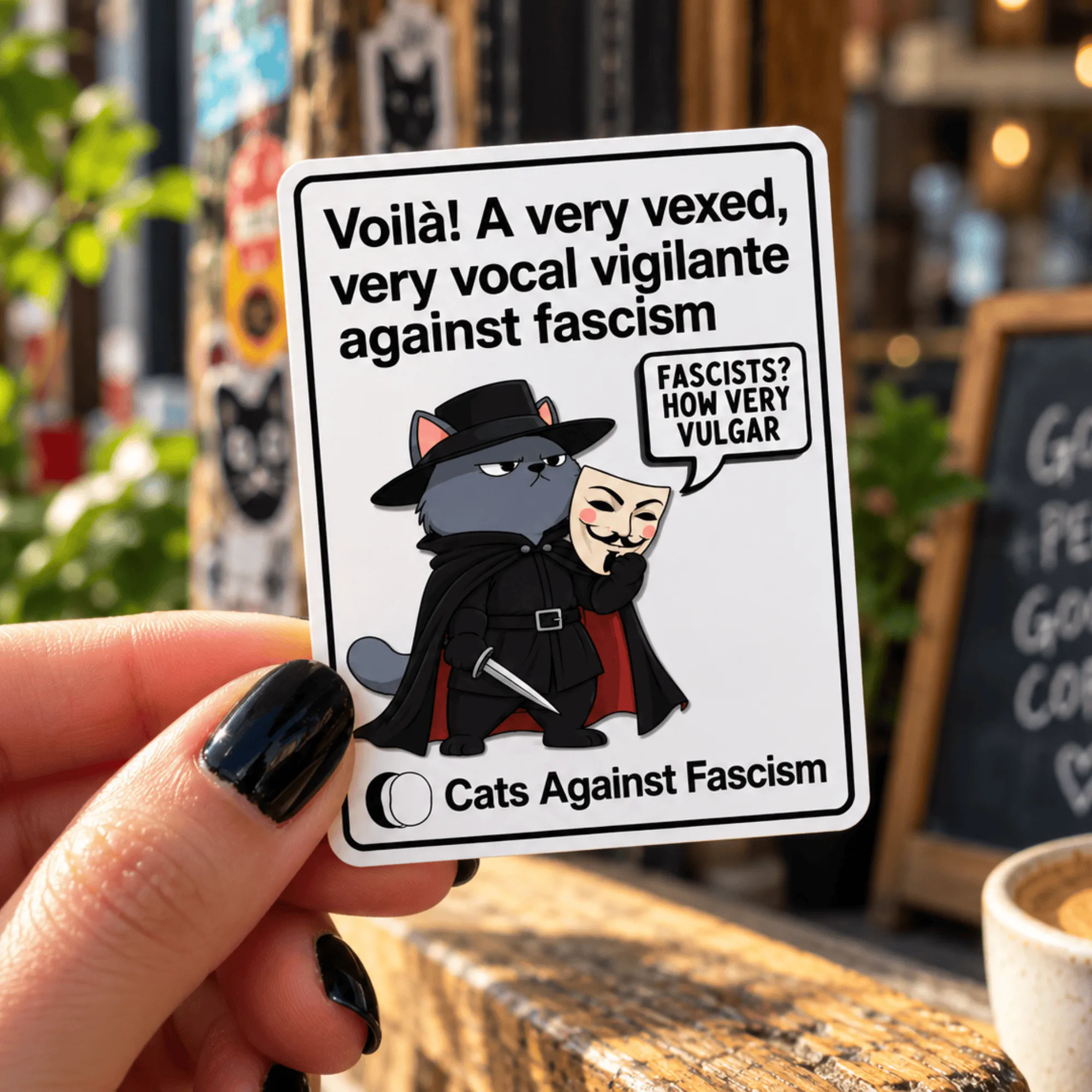 Guy Fawkes Cat Vinyl Sticker – Cats Against Fascism Vigilante cat sticker – grey cat in black hat and cloak holding a Guy Fawkes mask in front of Parliament