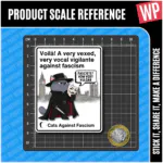 Guy Fawkes Cat Vinyl Sticker – Cats Against Fascism Vigilante cat sticker – grey cat in black hat and cloak holding a Guy Fawkes mask in front of Parliament