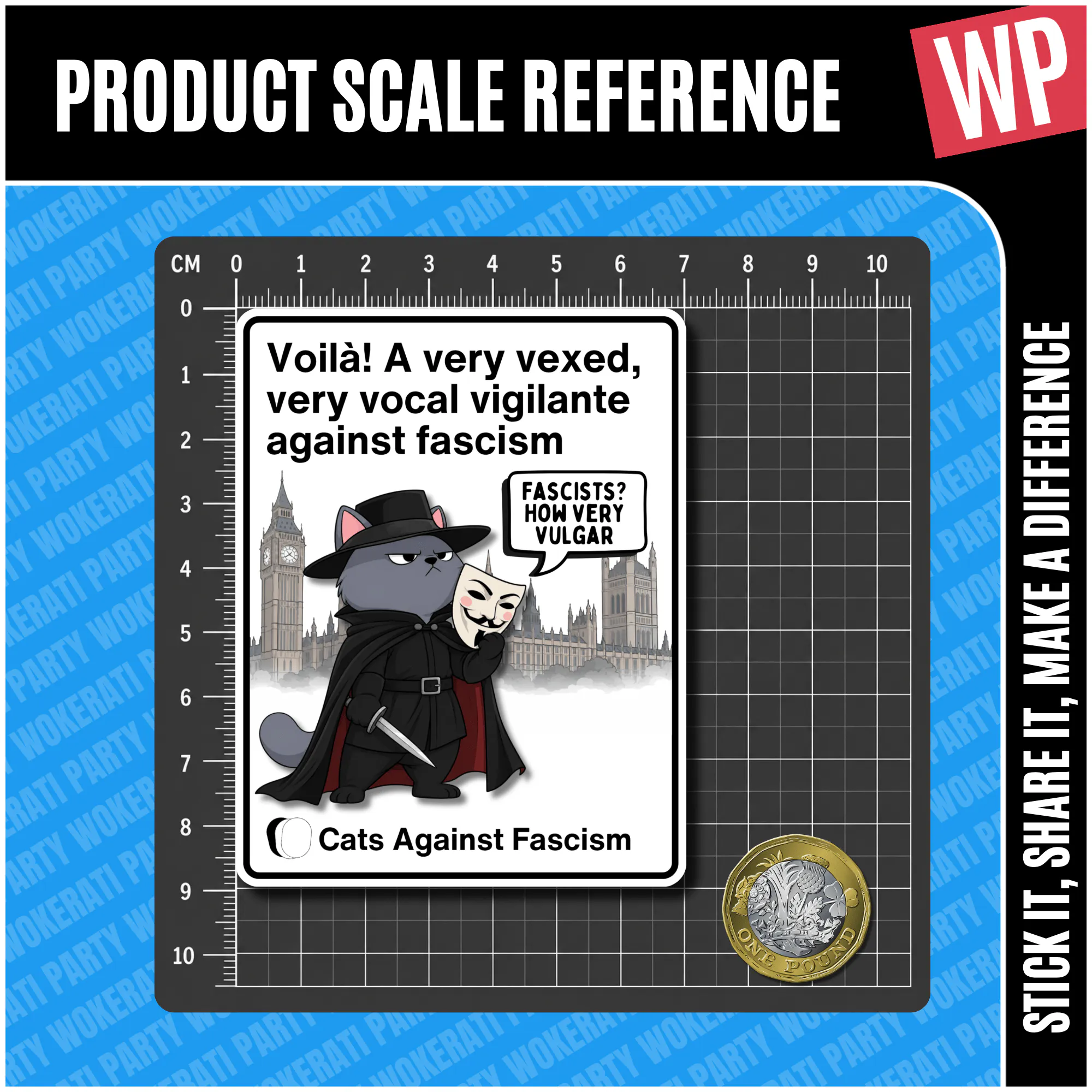 Guy Fawkes Cat Vinyl Sticker – Cats Against Fascism Vigilante cat sticker – grey cat in black hat and cloak holding a Guy Fawkes mask in front of Parliament