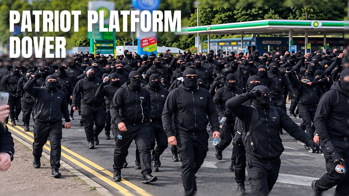 Masked protesters gathered near the Port of Dover during a Patriot Platform protest in September 2026